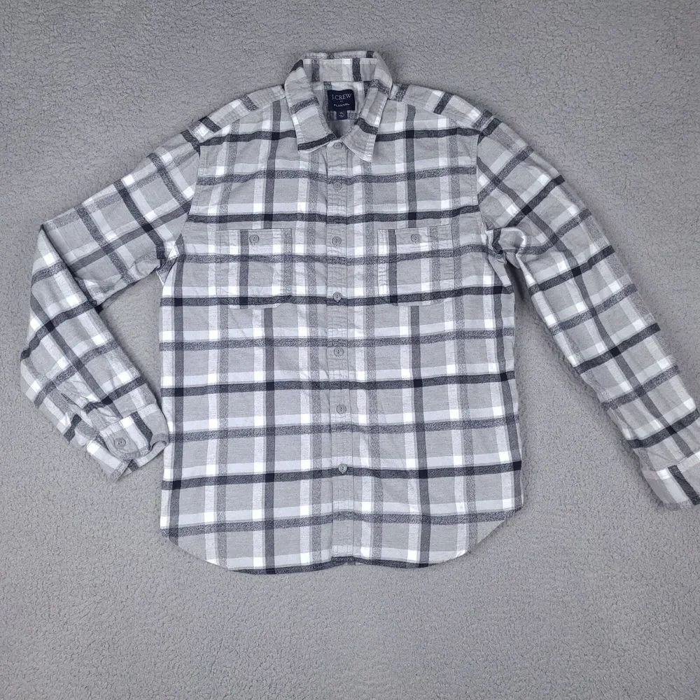 J Crew Flannel Shirt Men's XL Gray Plaid Cotton Button‎ Down Pockets Outdoor